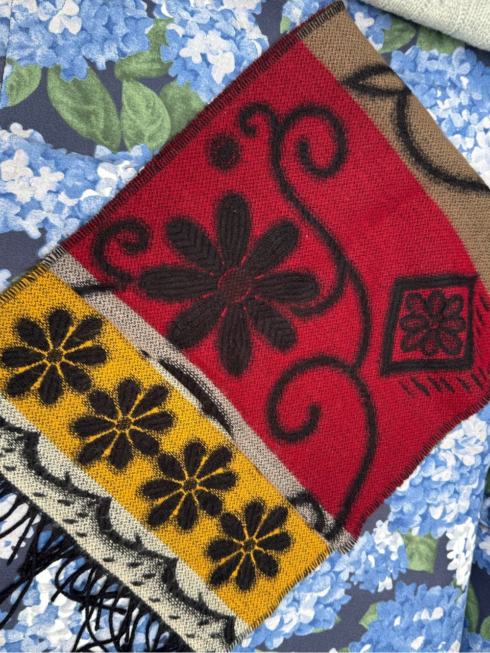 Floral Patchwork Fringe Scarf - Red, Mustard, Tan, Black